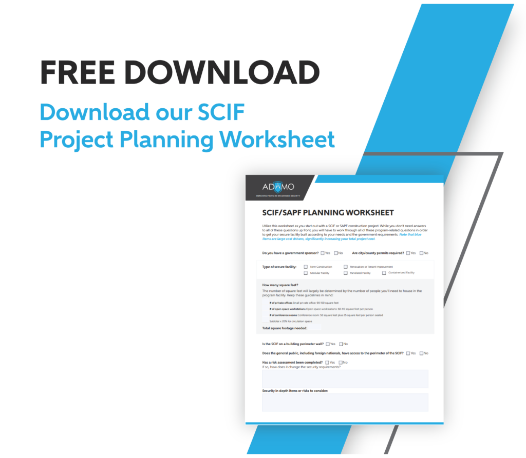 A graphic with a white background and blue stripe advertising the download for a SCIF Project Planning Worksheet