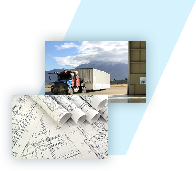 Two photos. One of a semi truck transporting a shipping container and the other of construction design plans