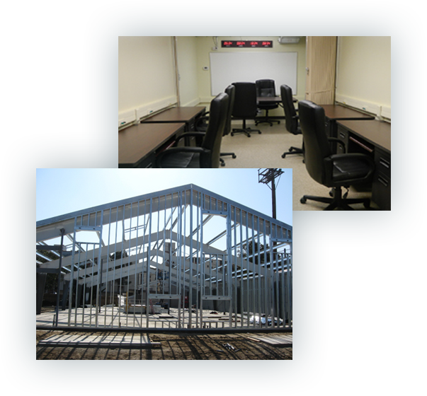 Two photos, one of a room with brown tables against the walls and black rolling chairs. The other is of a metal structure of a building under construction