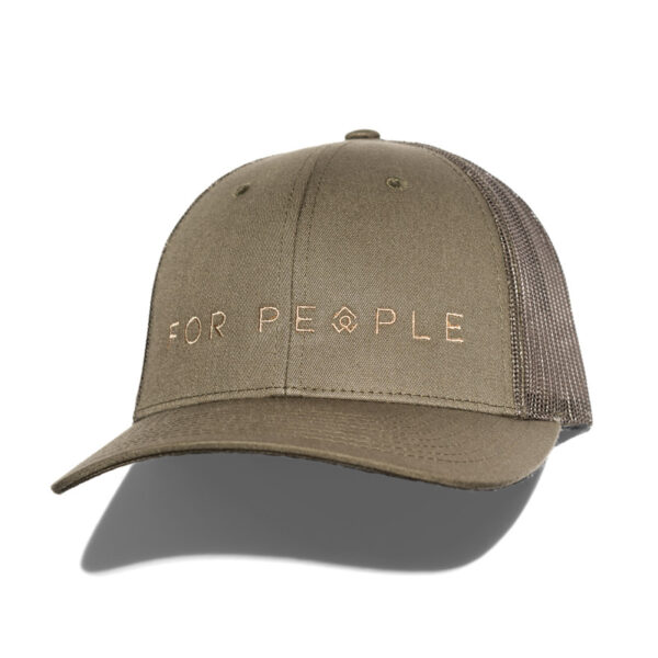 A photo of a brown hat with the "For People" logo in the center and a mesh back