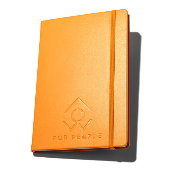An orange notebook with a for people logo on the front