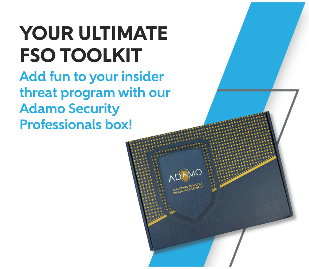 A blue and white graphic with a dark blue and gold Adamo branded box advertising the Adamo Security professonals insider threat program box.