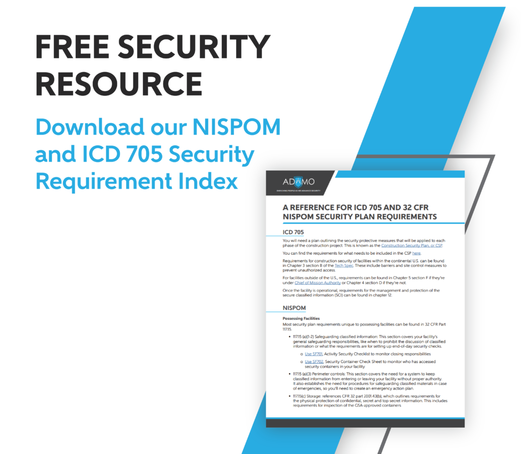 A blue and white graphic with an image of a document advertising a downloadable NISPOM and ICD 705 security requirement index