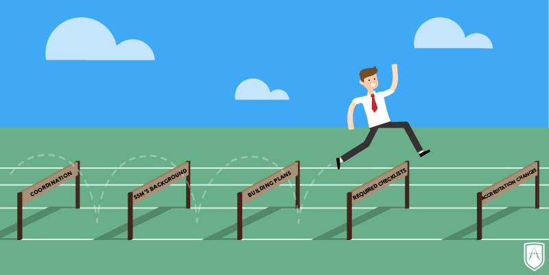 illustration of man jumping over accreditation hurdles