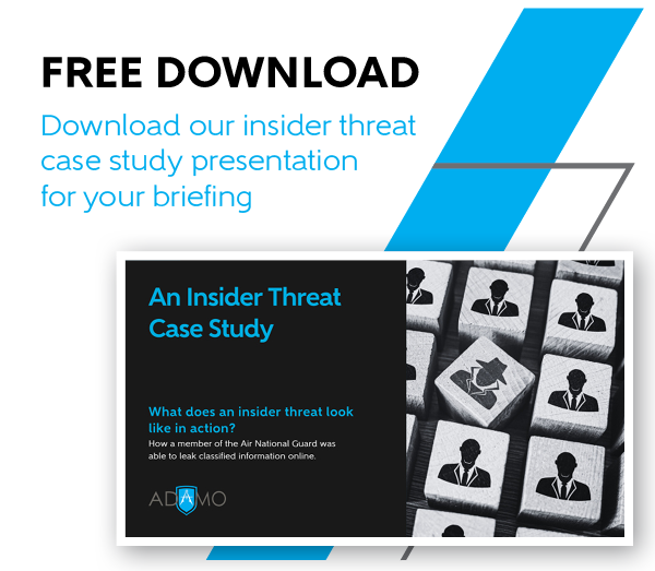 A blue and white graphic promoting an insider threat case study presentation with an image of the first slide