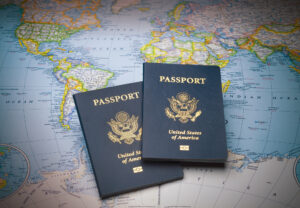 Two U.S. passports on a world map