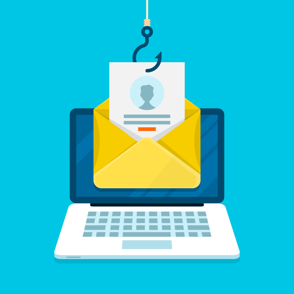 A graphic of a document being pulled out of an envelope on a computer screen by a fishing hook, representing phishing