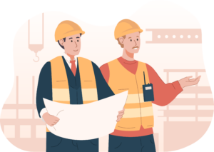 An illustration of two men on a construction site in construction gear