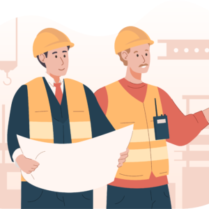 An illustration of two men on a construction site in construction gear