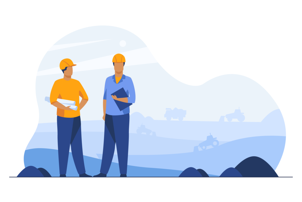 Illustration of two figures in hard hats standing in front of a blue landscape