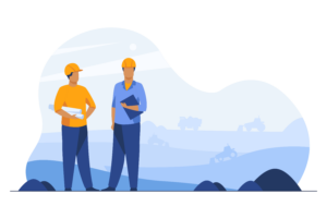 Illustration of two figures in hard hats standing in front of a blue landscape