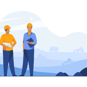 Illustration of two figures in hard hats standing in front of a blue landscape