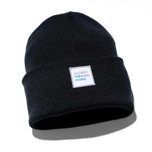 Black beanie with white "Security Forward People" label