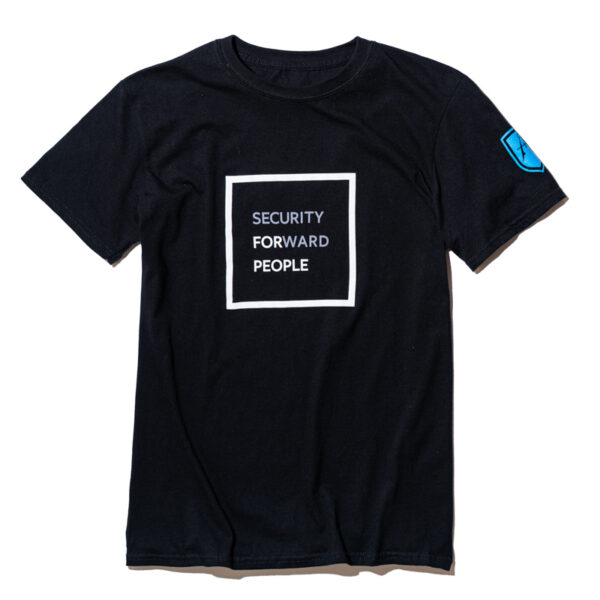 Black t-shirt with "security forward people" written in white