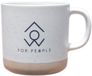 White mug with black "For People" logo