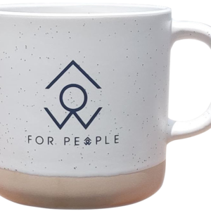 White mug with black "For People" logo