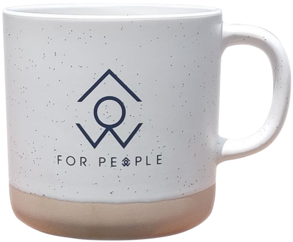White mug with black "For People" logo
