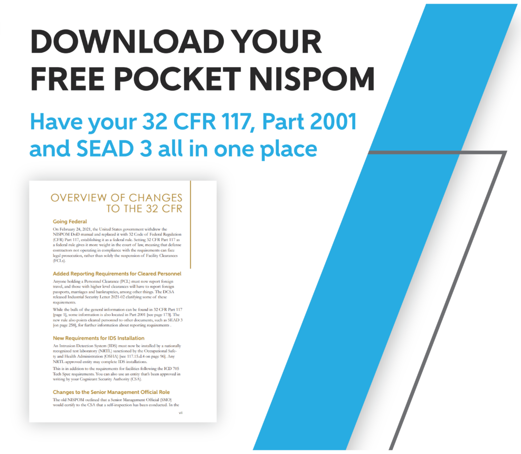 A white and blue graphic with an image of the front page of the pocket NISPOM advertising a digital NISPOM download