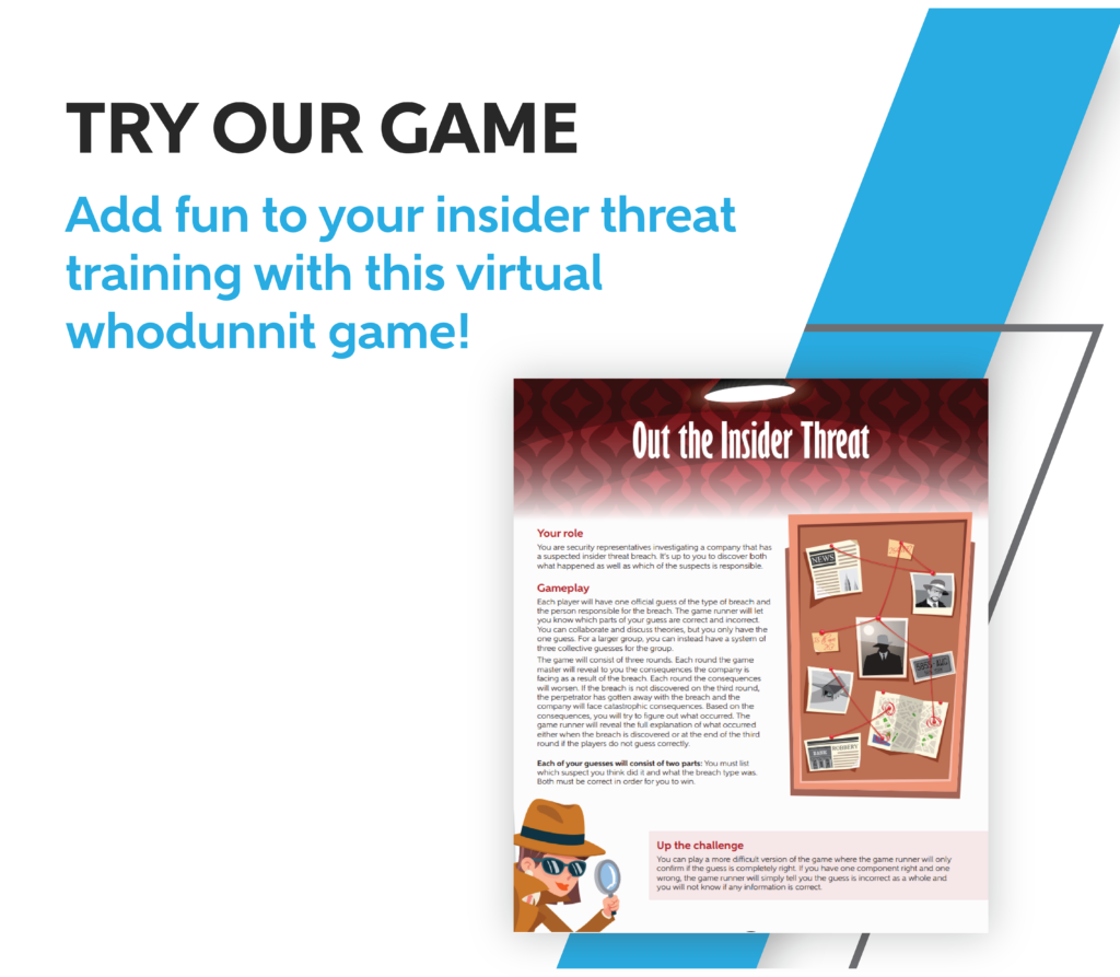 A blue and white graphic with an image of the front page of the game Out the Insider Threat