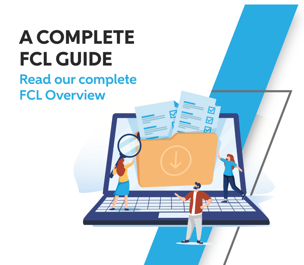 A blue and white graphic with an illustration of people standing on a laptop. The laptop has a folder with papers coming out of it. The text advertises a complete FCL guide