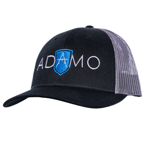Adamo logo trucker hat blue logo