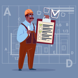 Illustration of a man holding a checklist over a design plan background