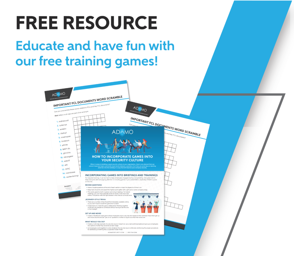 A blue and white graphic with images of crosswords and other games. Text reads "free resource: educate and have fun with our free training games"
