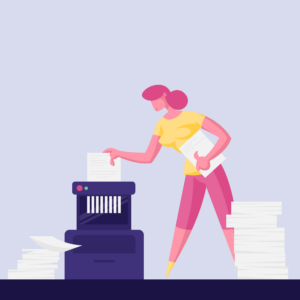Illustration of a woman shredding documents