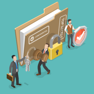 Illustration of people standing around a giant folder labeled confidential
