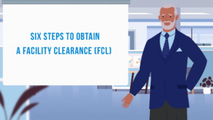 Illustration of a man standing in front of a screen that says "six steps to obtain a Facility Clearance (FCL)"