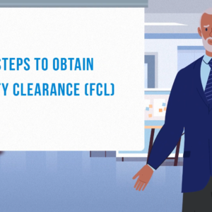 Illustration of a man standing in front of a screen that says "six steps to obtain a Facility Clearance (FCL)"