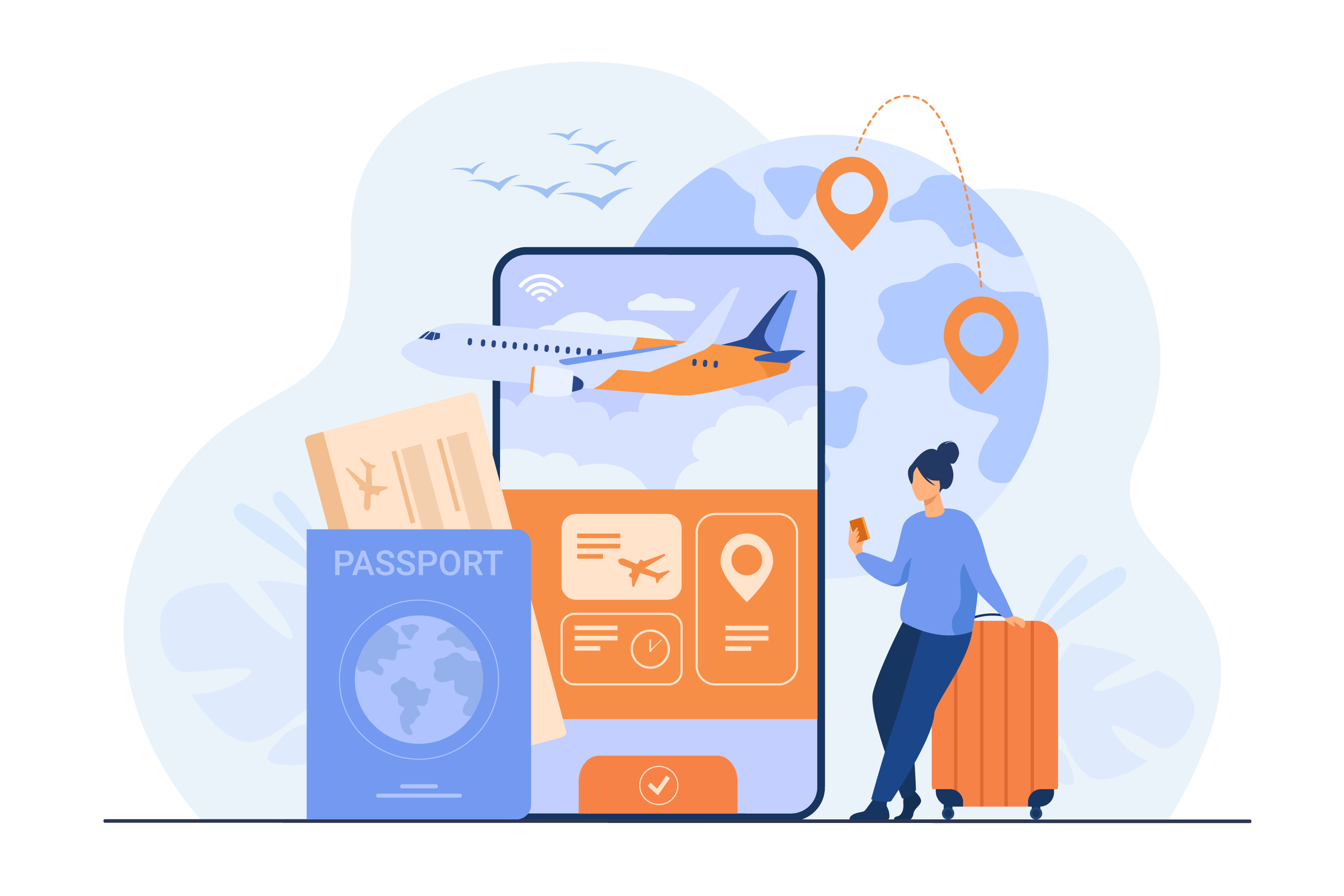 Illustration of a person traveling with a passport and phone