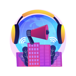 Illustration of a speaker and headphones over a building