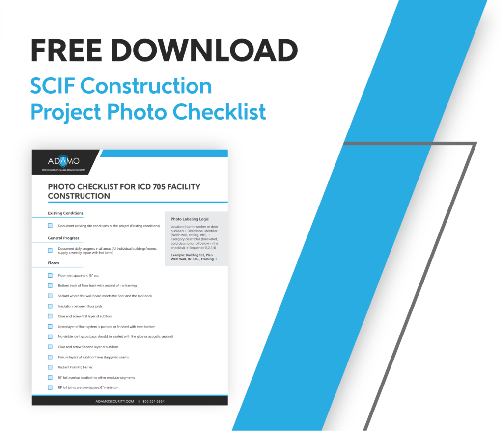 Blue and white graphic with an image of the first page of a SCIF photo checklist. The text reads "free download: SCIF construction photo checklist"