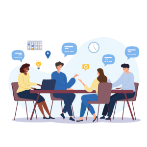 Illustration of people sitting at a table having a discussion