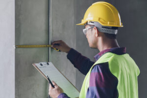 Man in construction safety gear measuring a wall