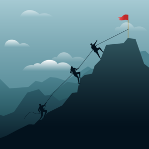 Illustration of three people using a rope to climb up a mountain towards a flag
