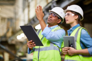 Two people in construction safety gear with clipboards looking at something outside of the frame