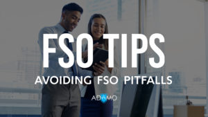 Text "FSO Tips Avoiding FSO Pitfalls" on top of an image of two people in business clothes looking over a journal