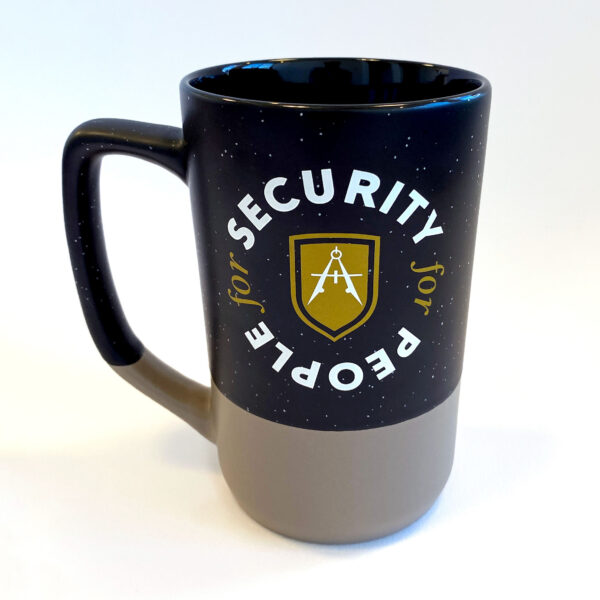 A black and beige mug that says "Security for people" with a gold Adamo logo