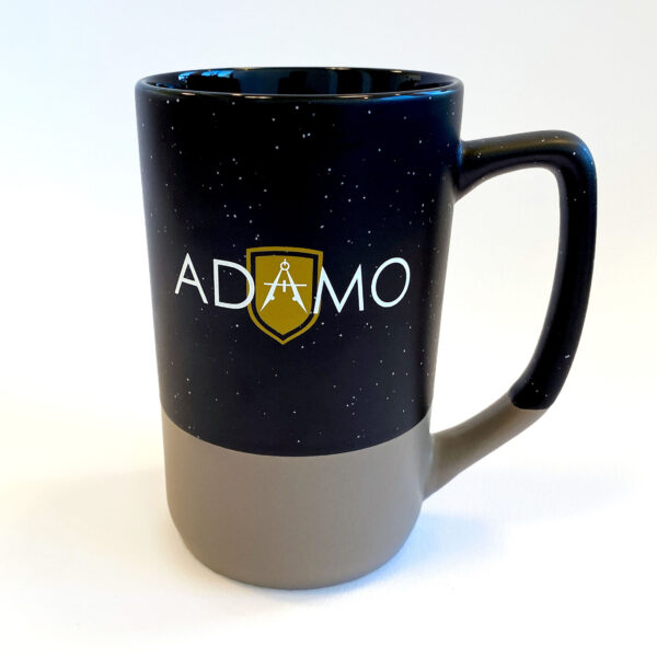A black and beige mug with a gold Adamo logo