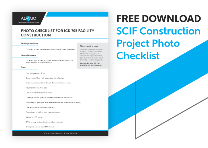 A blue and white graphic advertising the SCIF construction project photo checklist