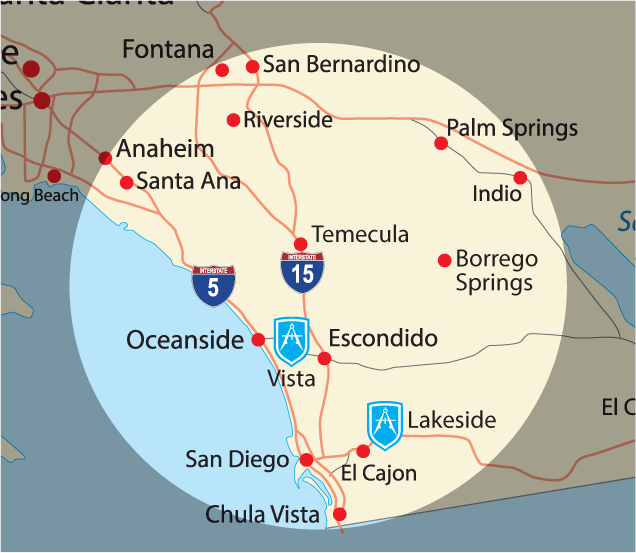 A map of the San Diego area with a radius highlighted