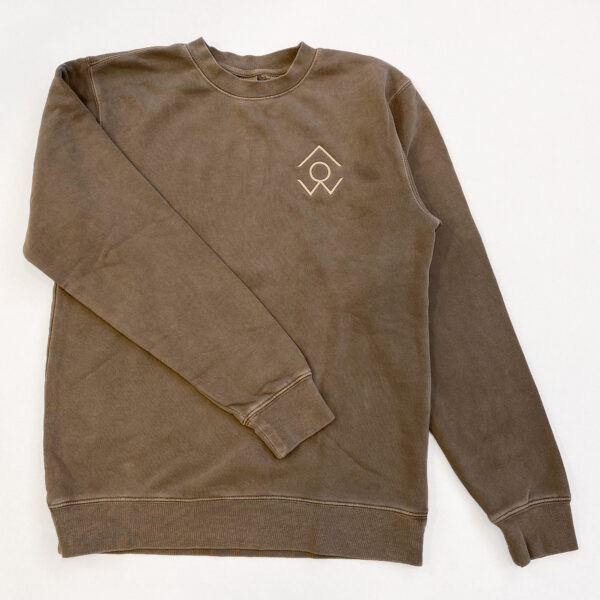 A Brown crewneck sweatshirt with a lighter beige for people logo on the upper right
