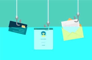 An illustration of a credit card, login screen and letter on fishing hooks and suspended in water