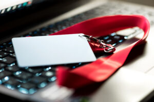 A close up of an ID badge on a laptop