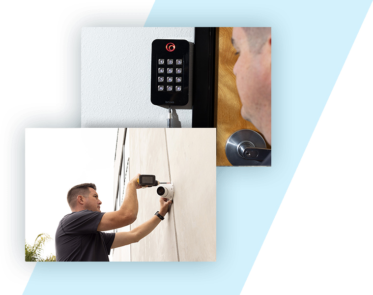 Two photos, one of a man installing a security number pad and the other of a man installing an outdoor security camera