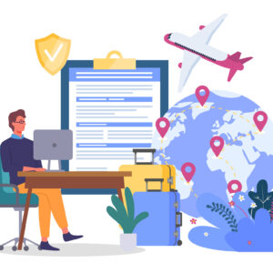 An illustration of a man sitting at a computer. In the background is a globe with location pins, an airplane, suitcases and a form on a clipboard