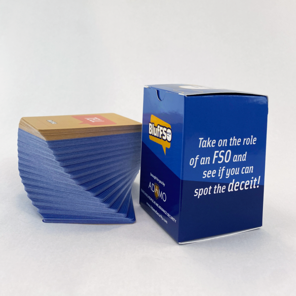 The BlufFSO box next to a stack of BlufFSO cards