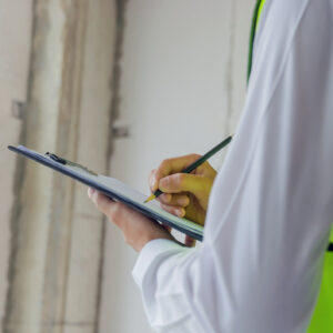 Shoulders down photo of a person in a green safety vest holding a clipboard, checking things off